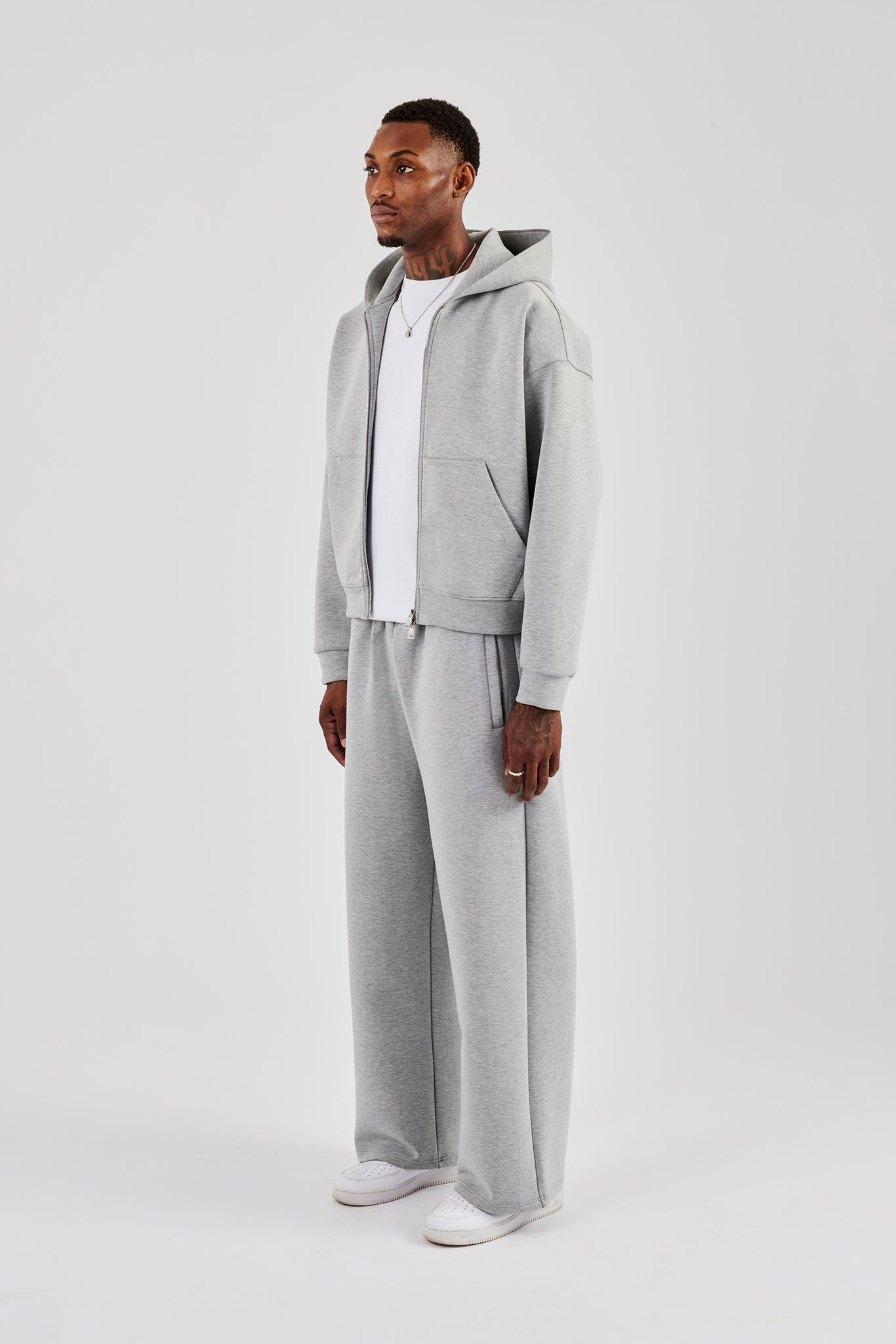 Scuba Zip Through Boxy Hoodie & Wide Leg Trouser - Grey